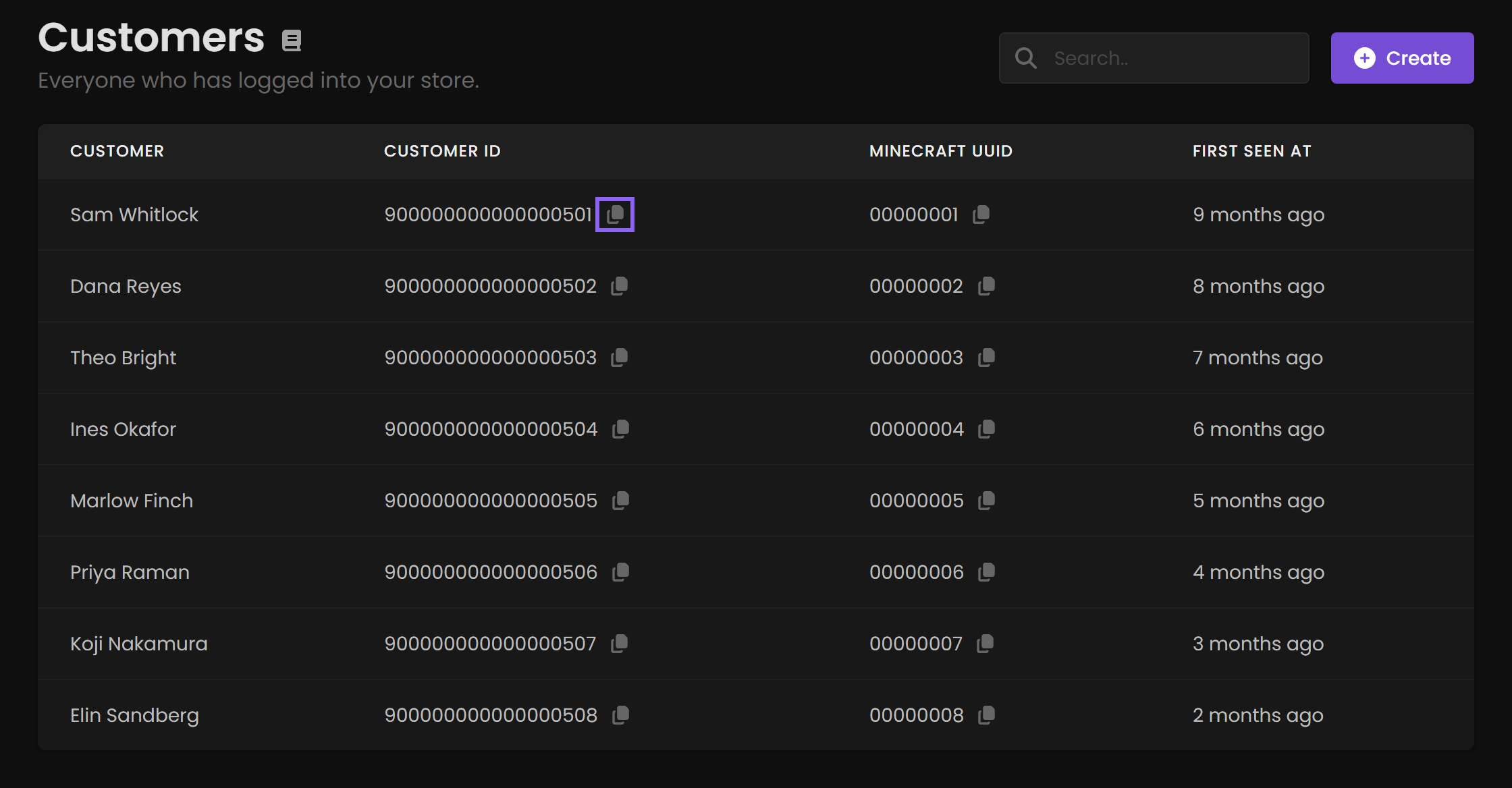 The Customers list with the copy icon beside a customer ID highlighted.