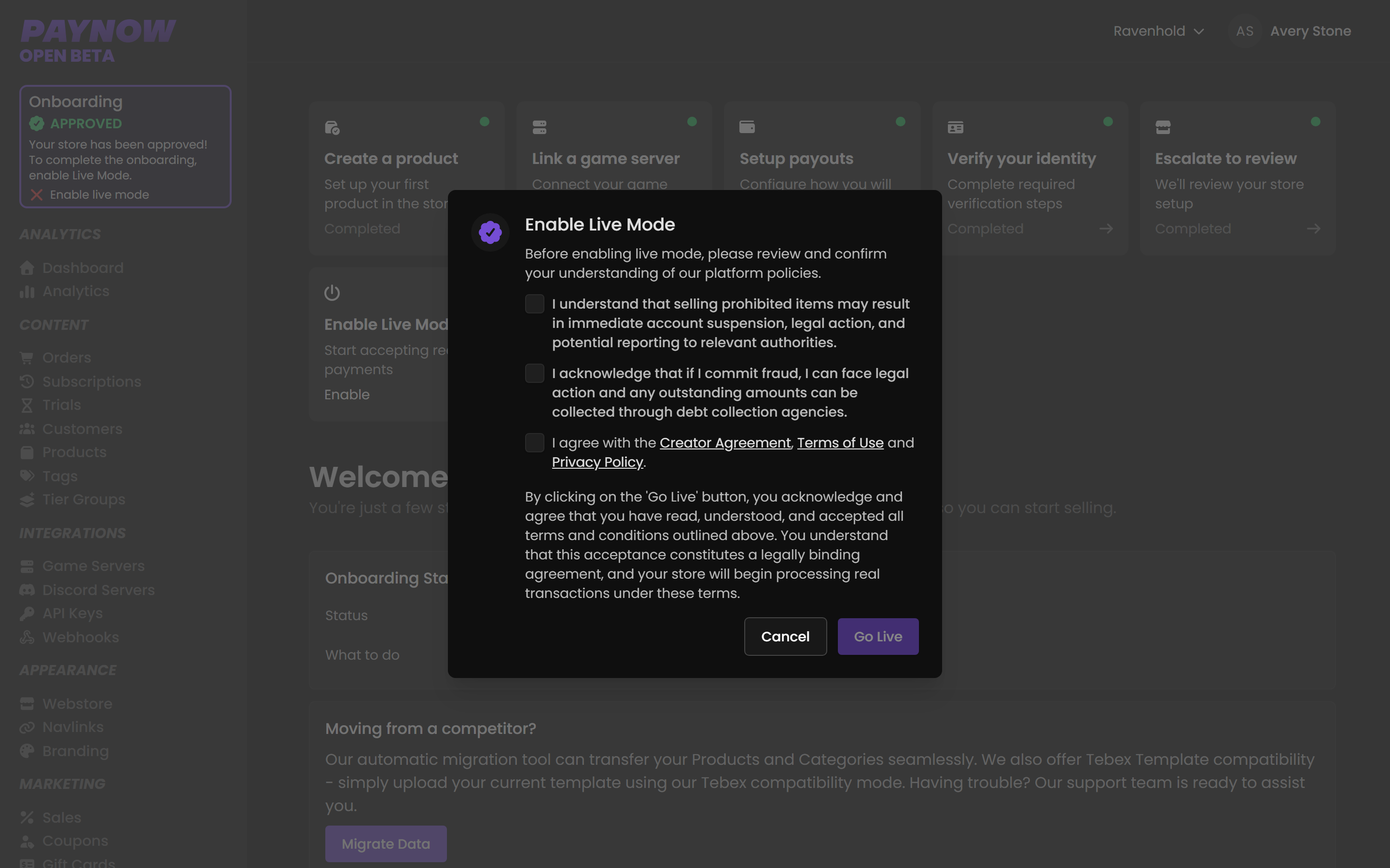 The Enable Live Mode confirmation with three policy checkboxes and a disabled Go Live button.