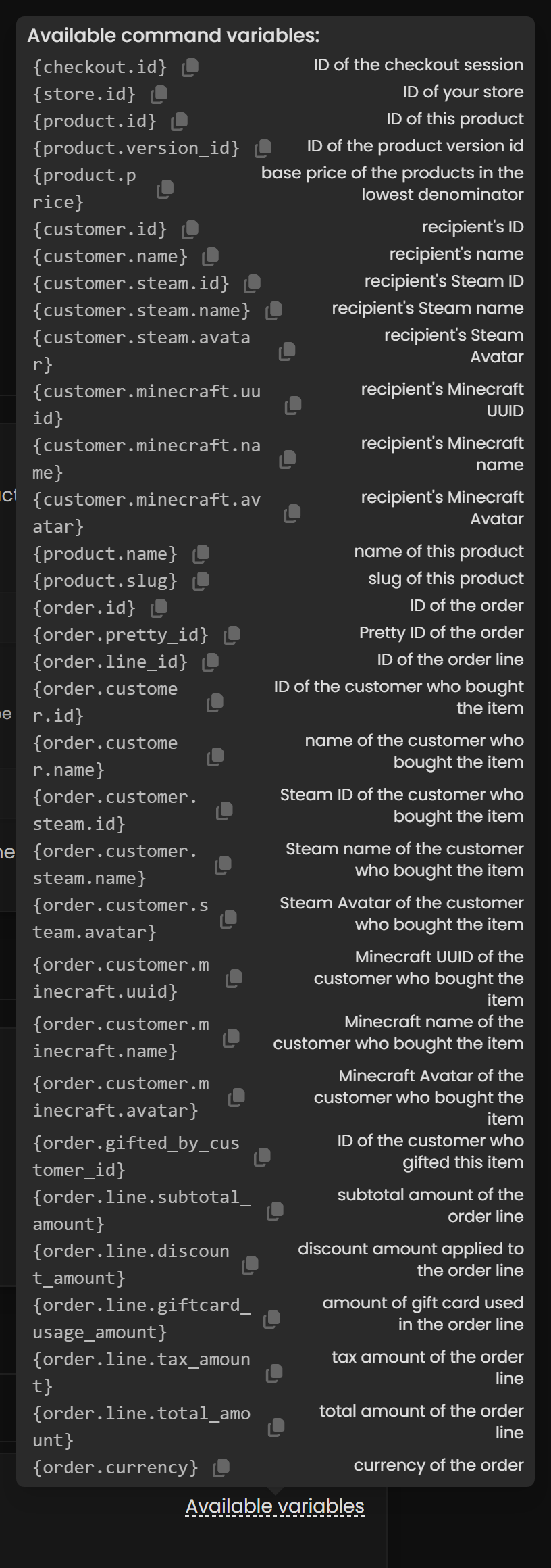 The Available command variables tooltip listing every placeholder with a copy icon and a description, above the Available variables link that opens it.