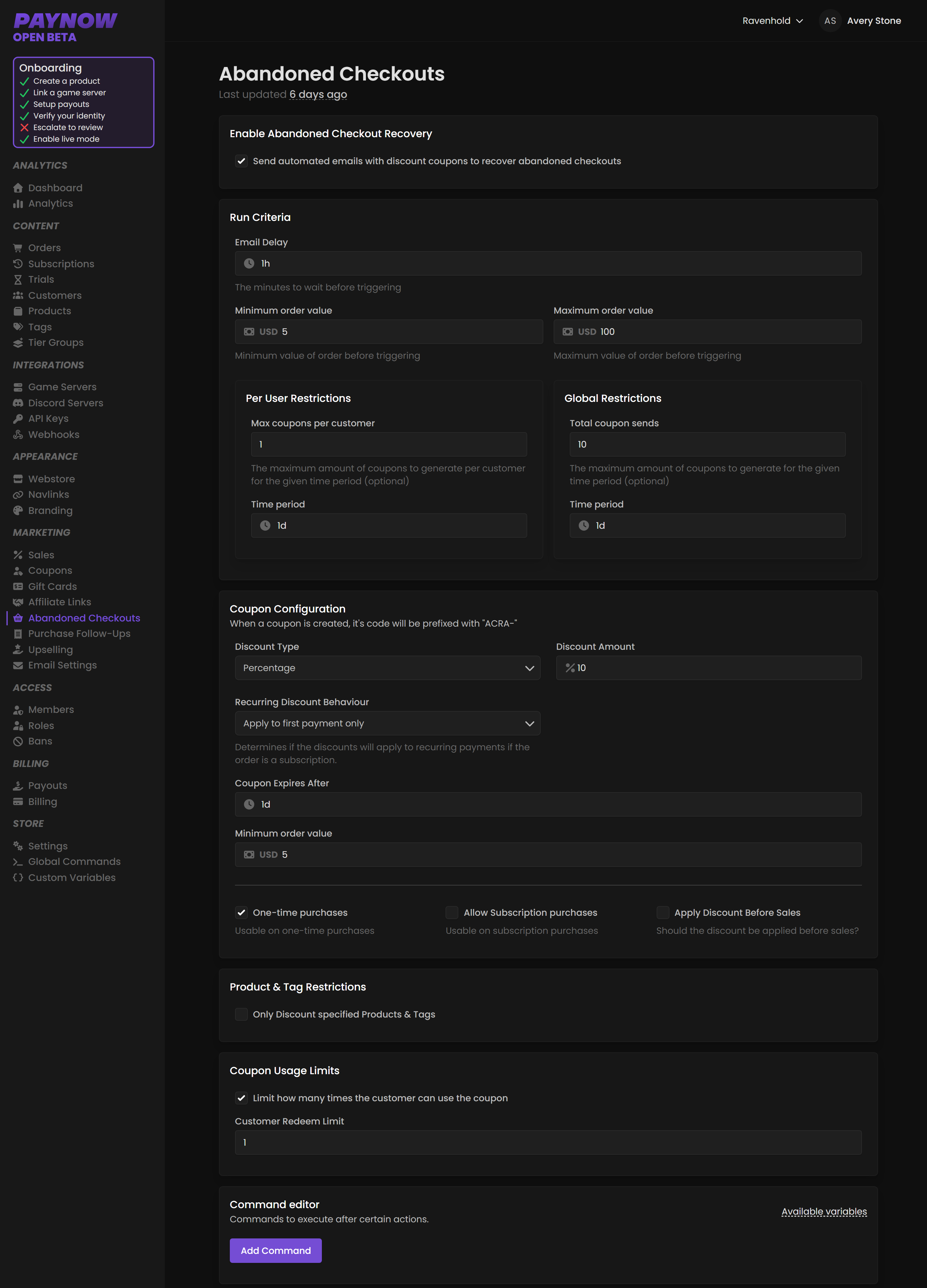 The Abandoned Checkouts page showing run criteria, restrictions and coupon configuration.