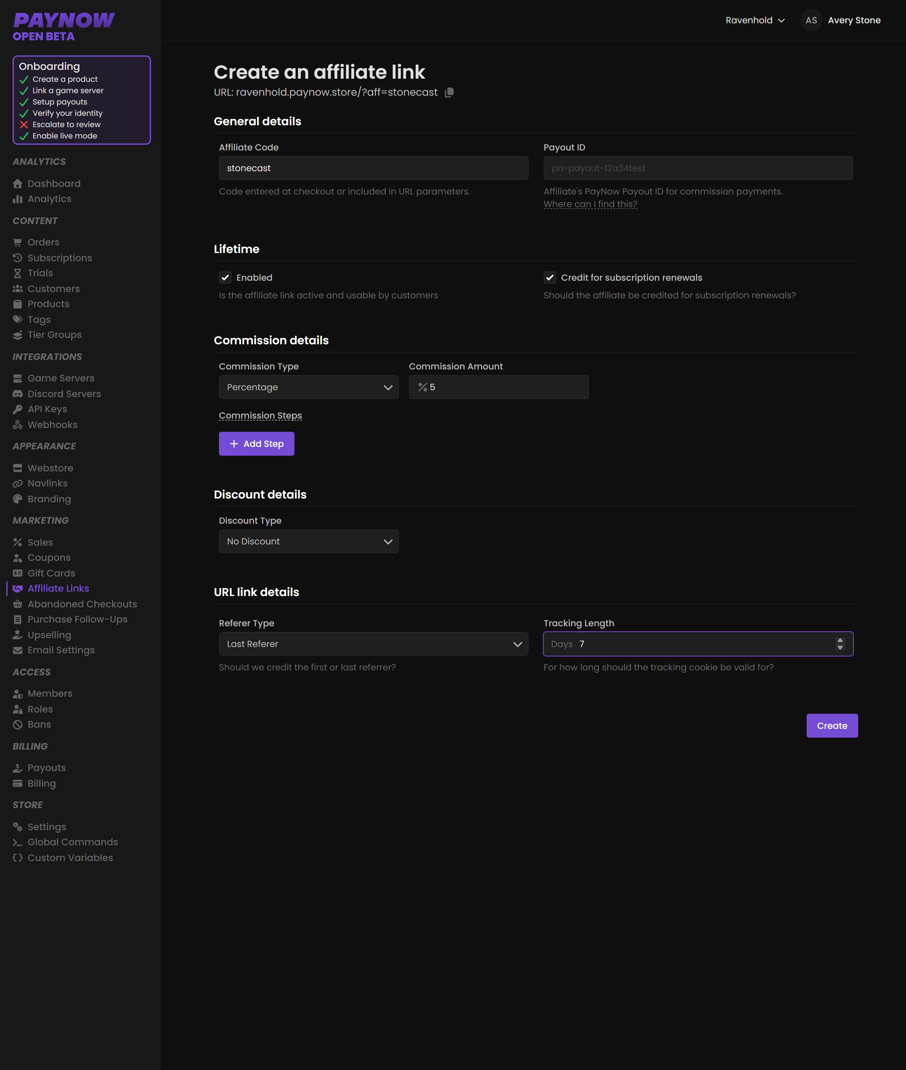 The affiliate link creation form showing code, commission, discount and URL link details.
