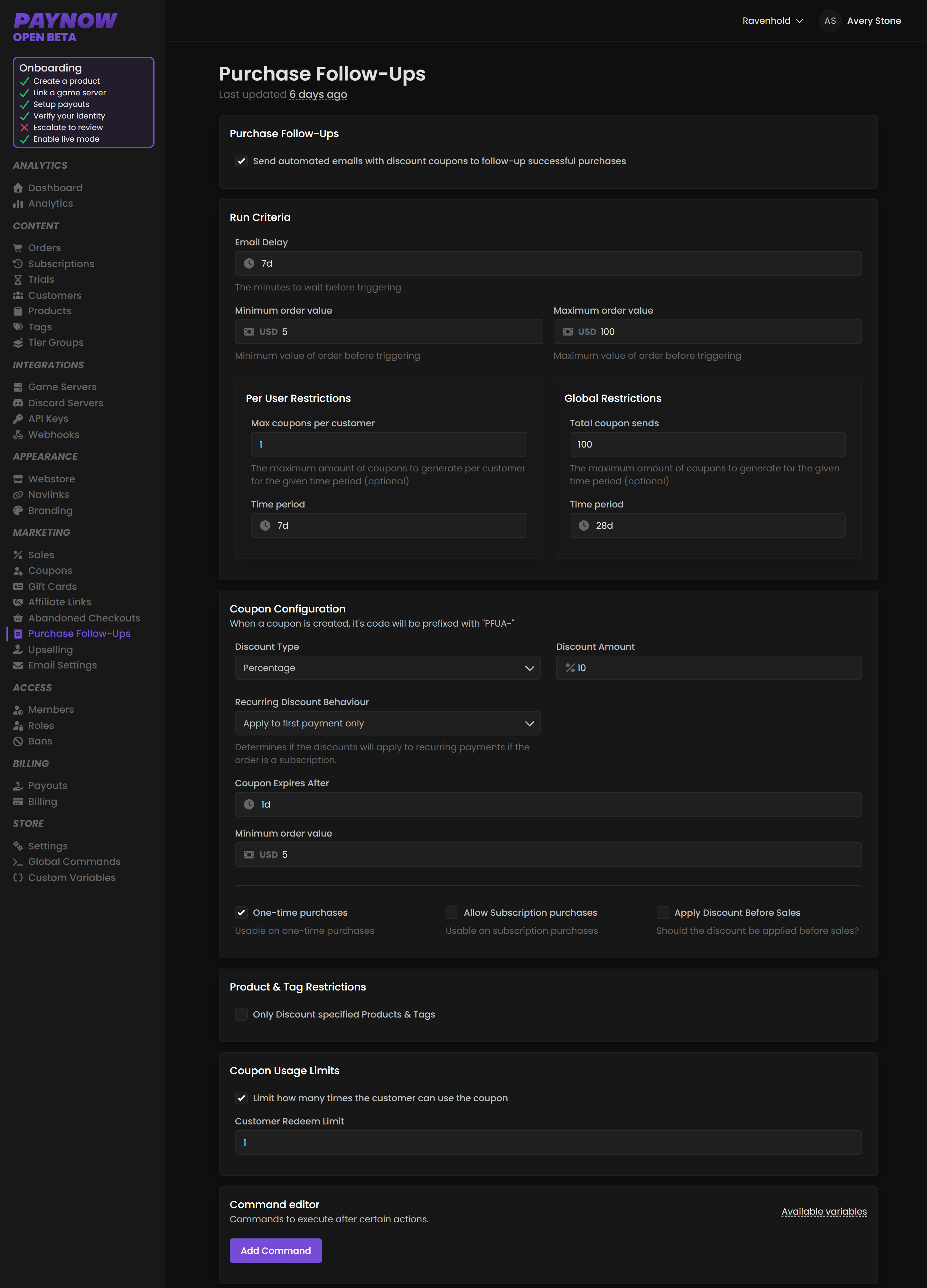 The Purchase Follow-Ups page showing run criteria, restrictions and coupon configuration.