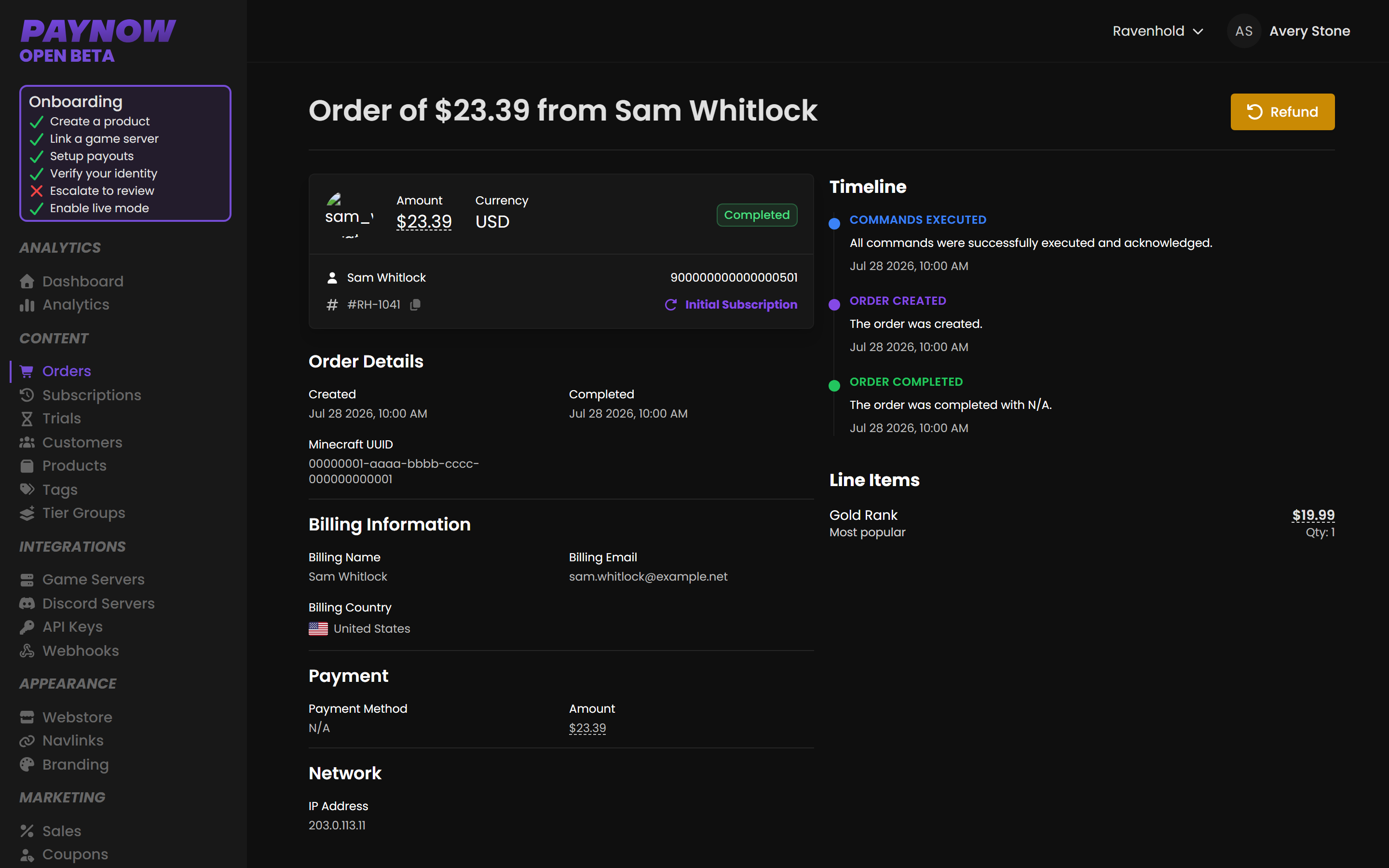 An order detail view with the timeline showing creation, completion and command execution.