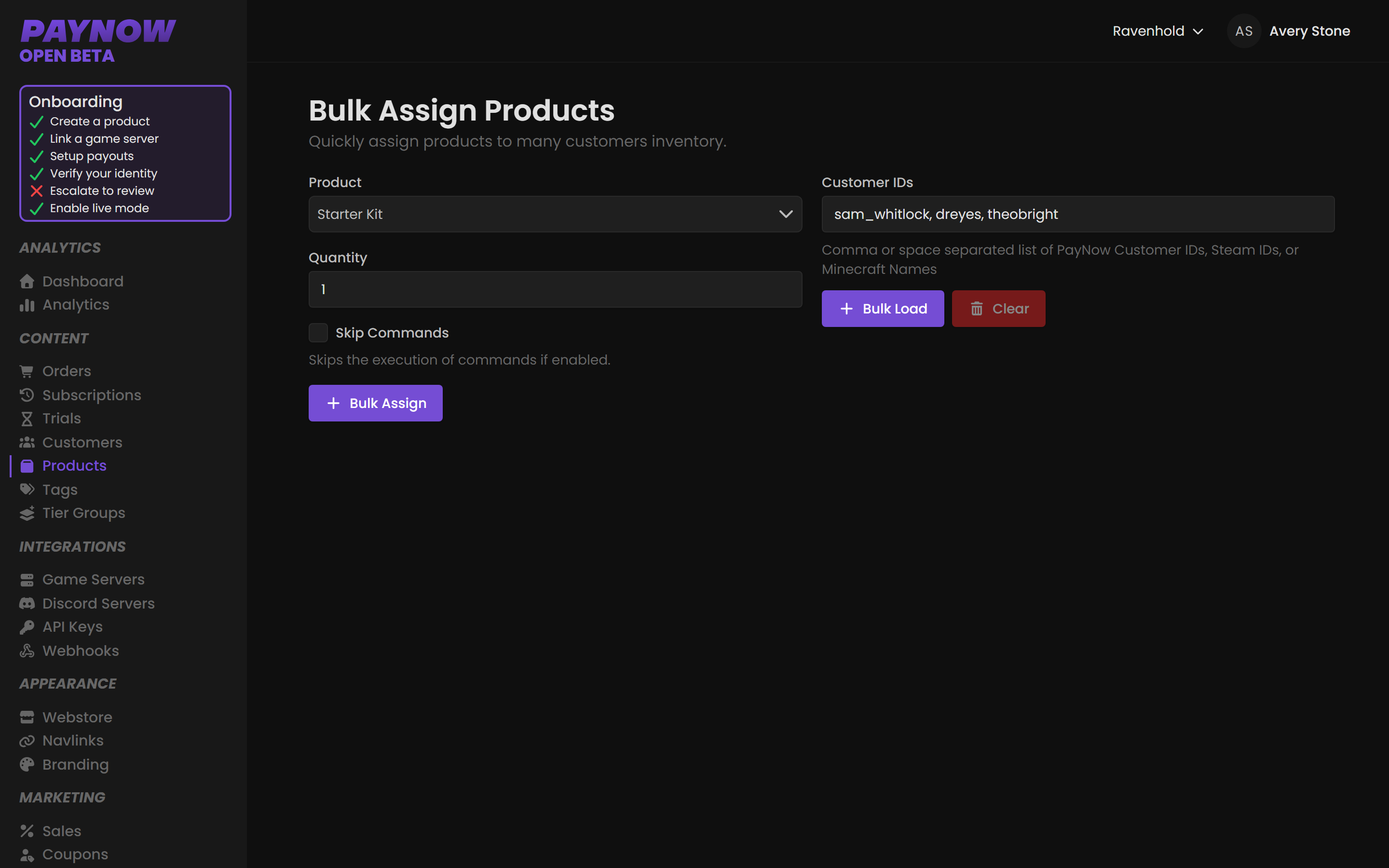 The Bulk Assign Products form with a product, quantity and a list of customer identifiers.