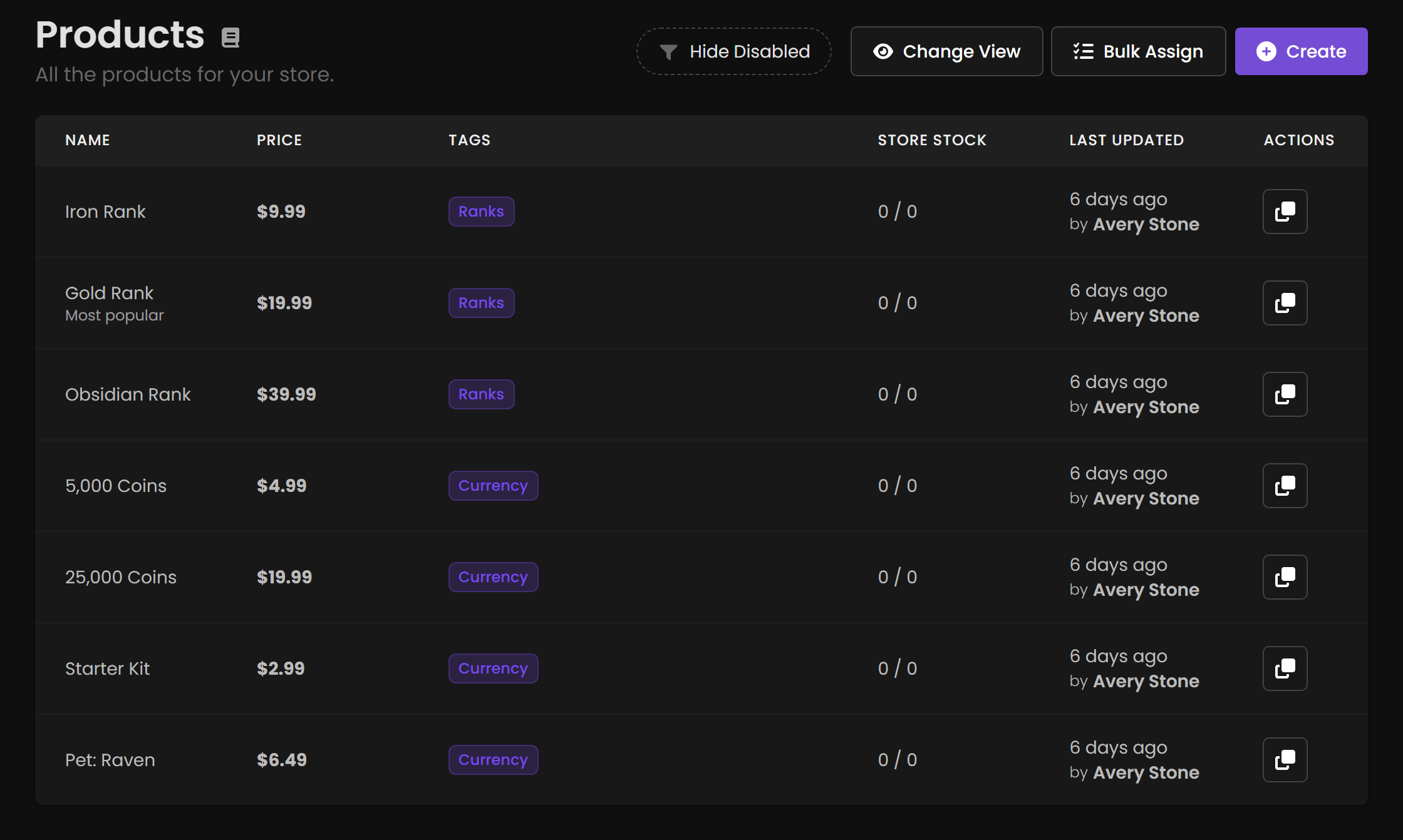 The Products list showing seven products with their prices, tags, stock and last-updated details.