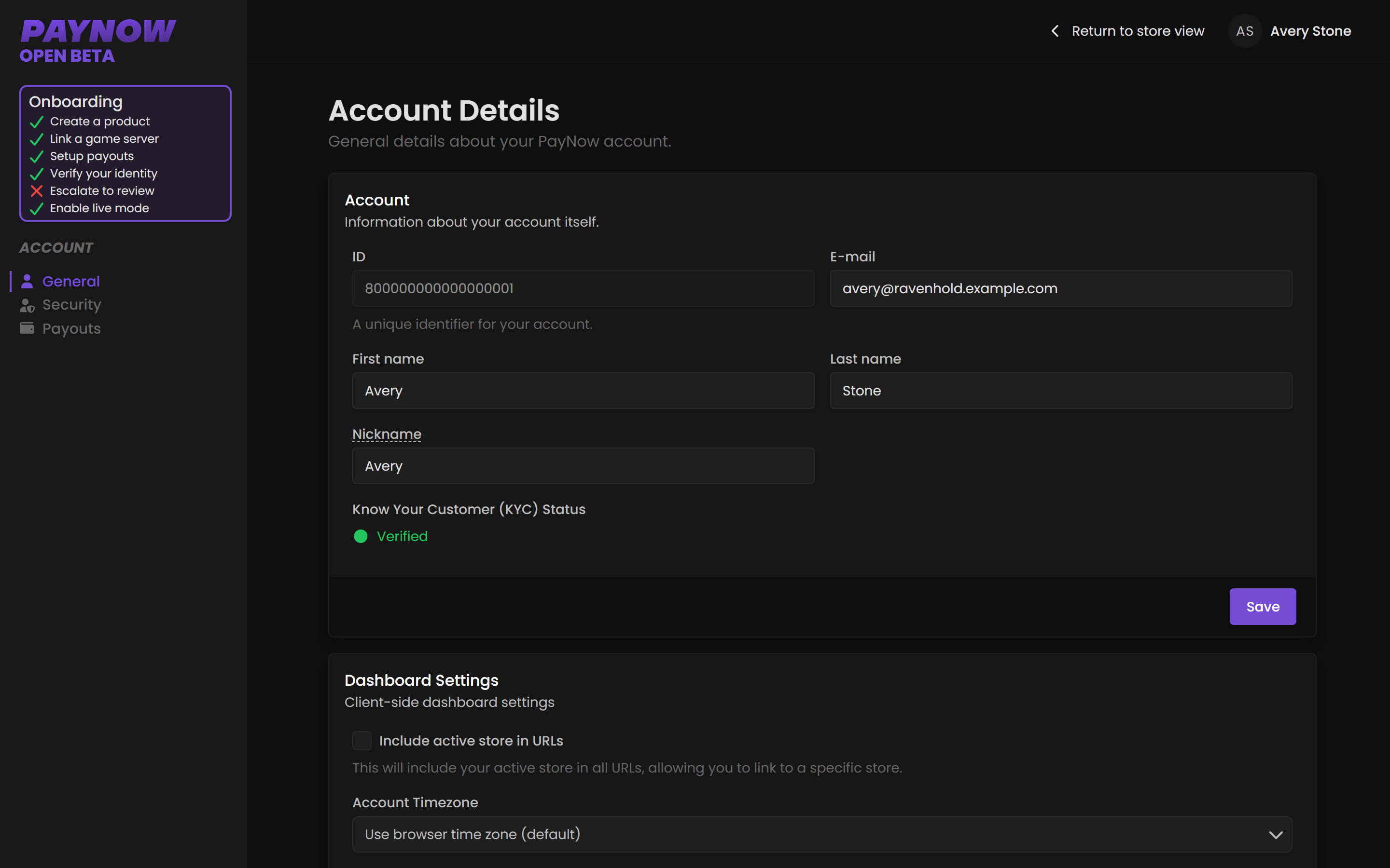 The account General page showing profile details.