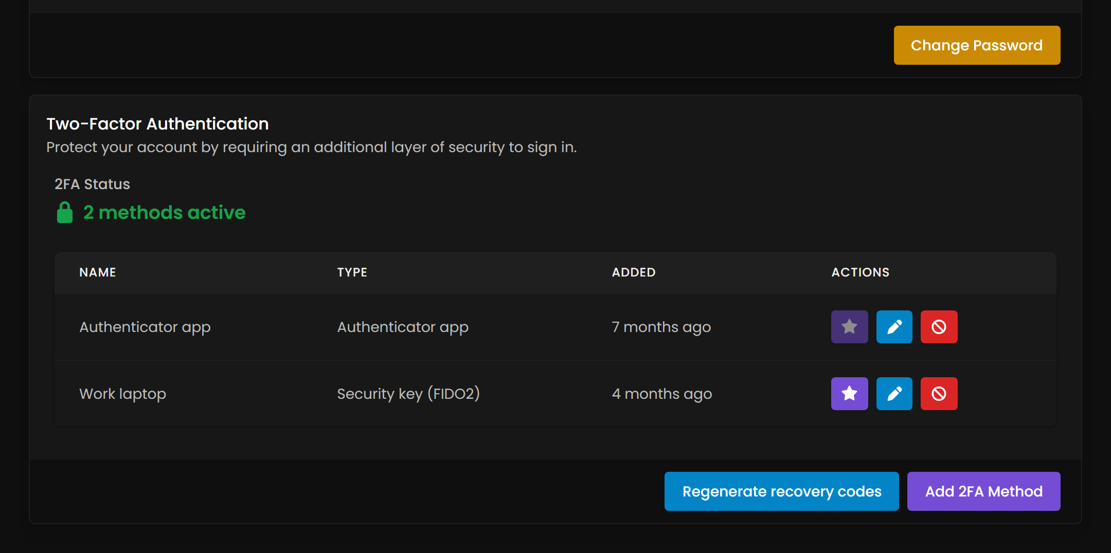 The account Security page showing password, two-factor authentication and passkey options.