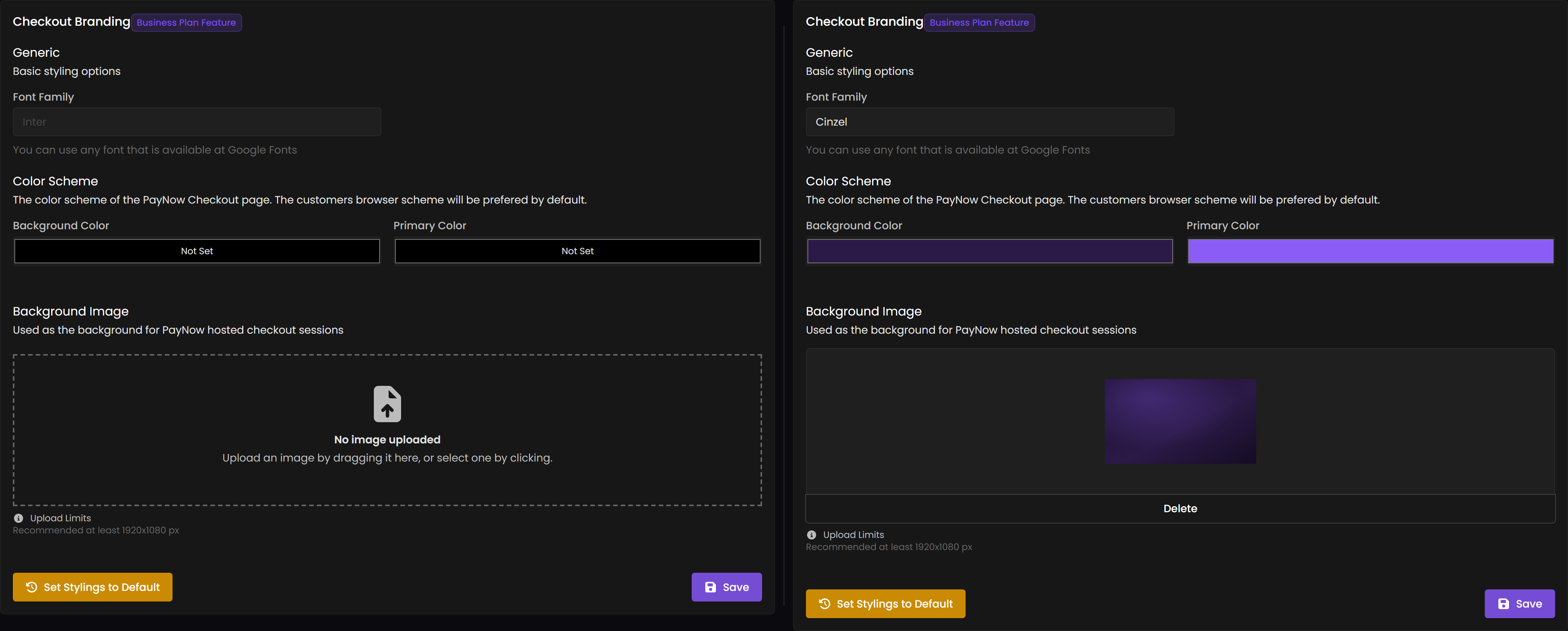 The Checkout Branding panel unconfigured on the left and fully configured on the right.