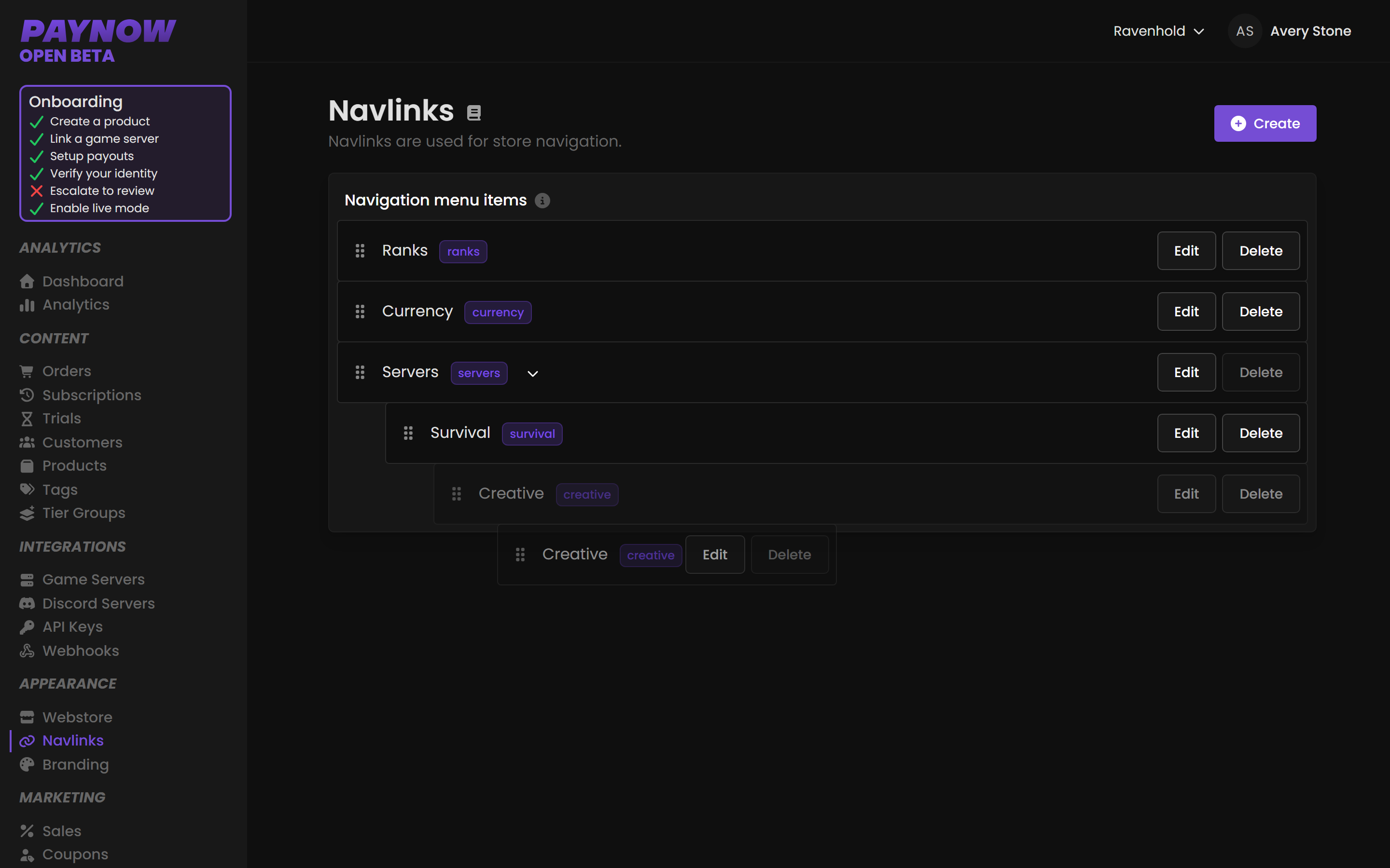 A navlink being dragged below and to the right of another to create a dropdown.