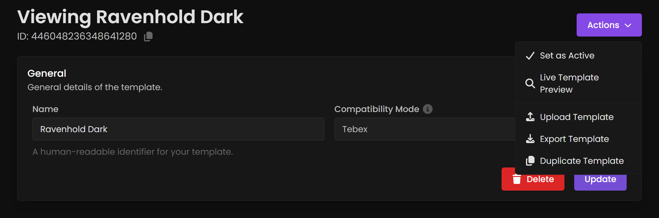 A template detail page with the Actions menu open showing Set as Active, Live Template Preview, Upload, Export and Duplicate.
